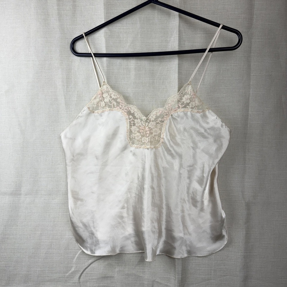 Val Mode Camisole Womens Medium White Lace Satin Lingerie Tank Top USA vtg y2k